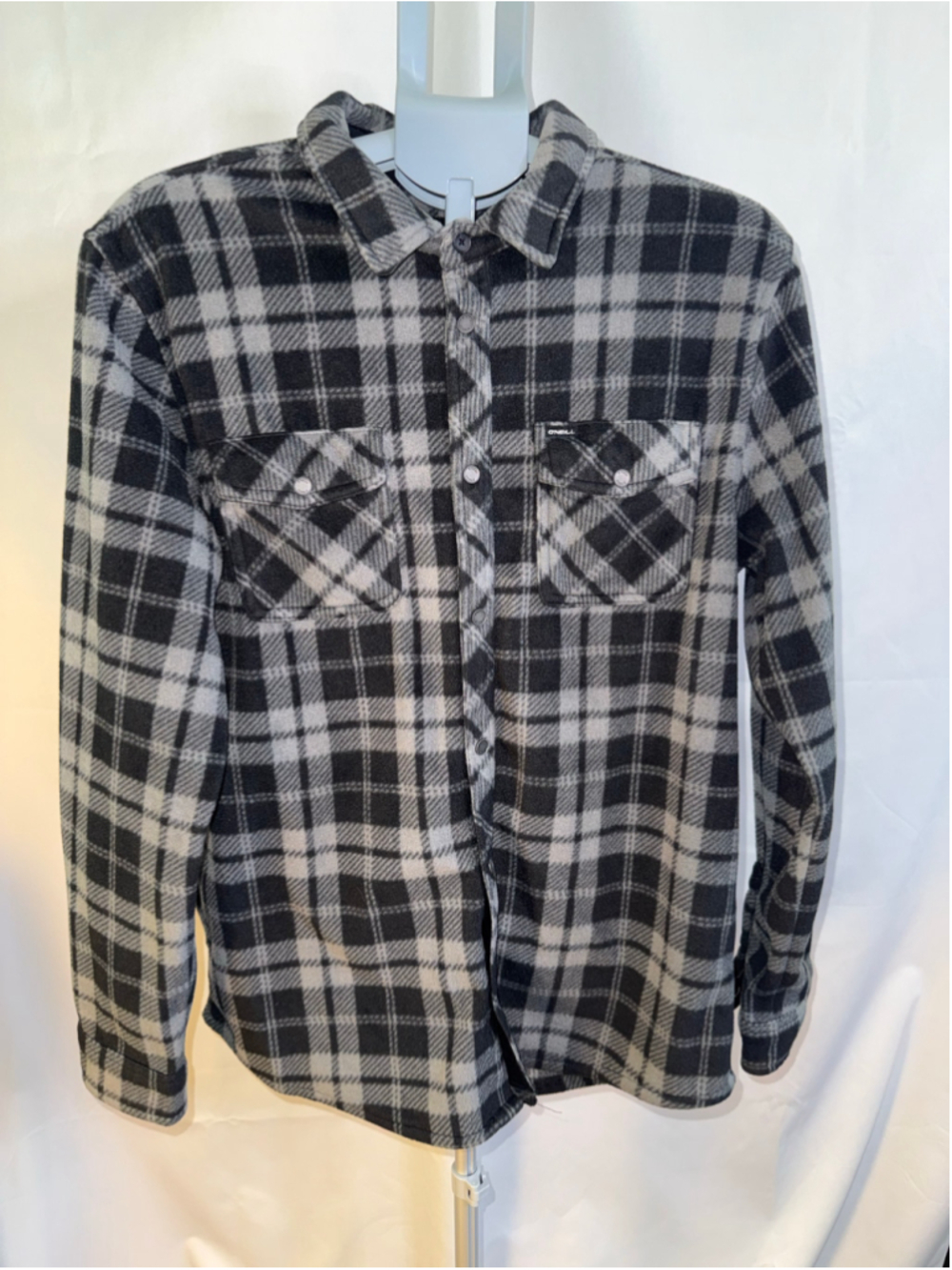 Men's O'Neill Plaid Flannel Button Down Shirt Size L Black Grey